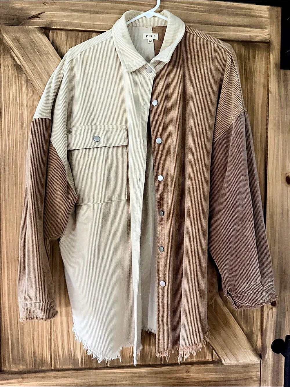POL Colorblock Corduroy Button Down Jacket, Brown & Cream, Medium